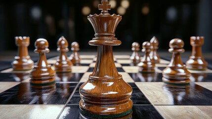 chessboard with large king piece in center and other pieces arranged symmetrically around