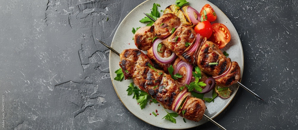 Poster ideal for customization a mouthwatering kebab showcased on a plate from above with generous copy spa