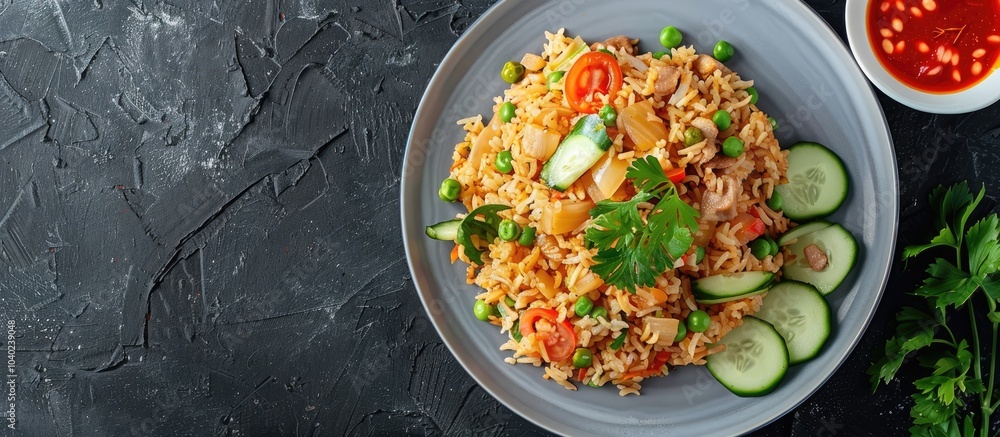 Poster top view of a plate featuring pork fried rice alongside cucumber and tomato slices with copy space i