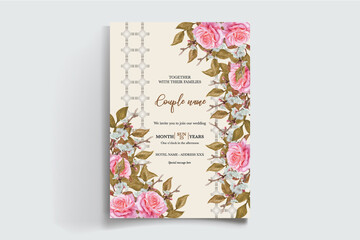 WEDDING INVITATION FRAME WITH FLOWER DECORATIONS AND FRESH LEAVES