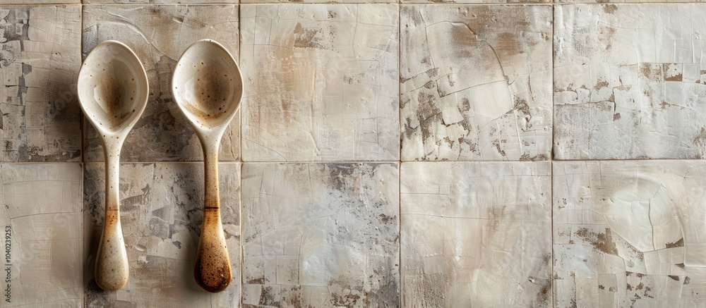Poster top view of two ceramic spoons on a tile background with copy space image