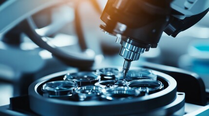 A robot performing high-precision assembly of optical lenses in a clean and sophisticated optics lab, high-tech and detailed environment, Optics-tech style