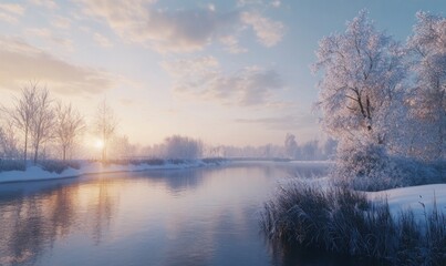 Serene Winter River at Sunrise