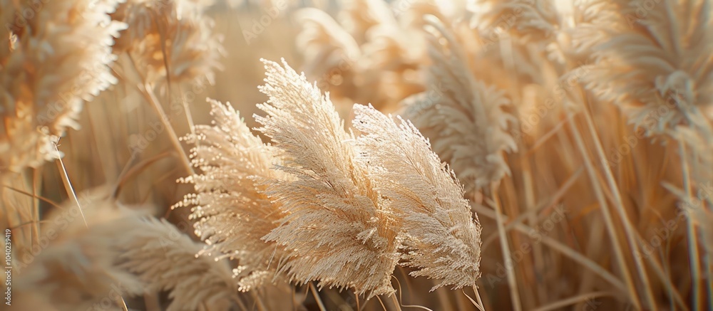 Poster close up view of a stunning pampas grass field in the late afternoon with empty space for text or gr