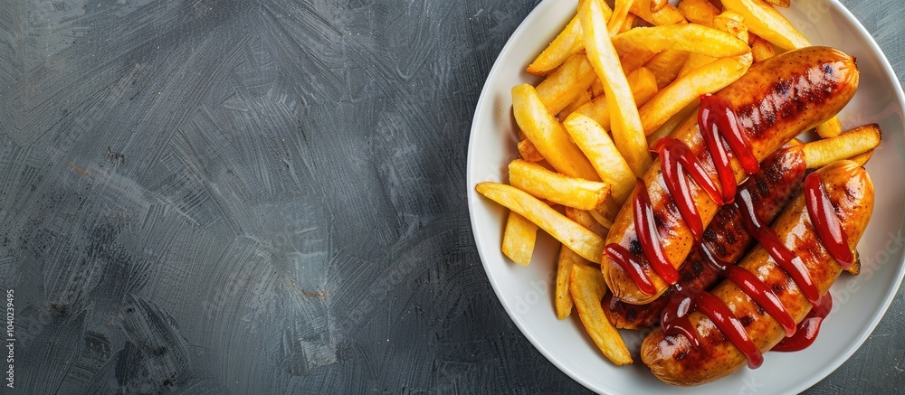 Poster top view of a classic german currywurst with fries for takeout against a gray backdrop featuring amp