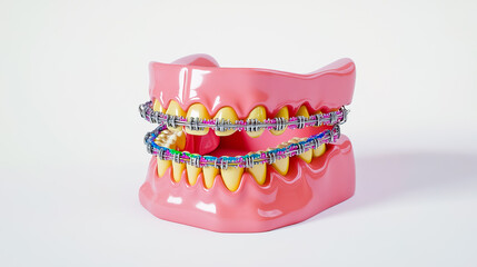 3D model of teeth with orthodontic braces, isolated on a white background.