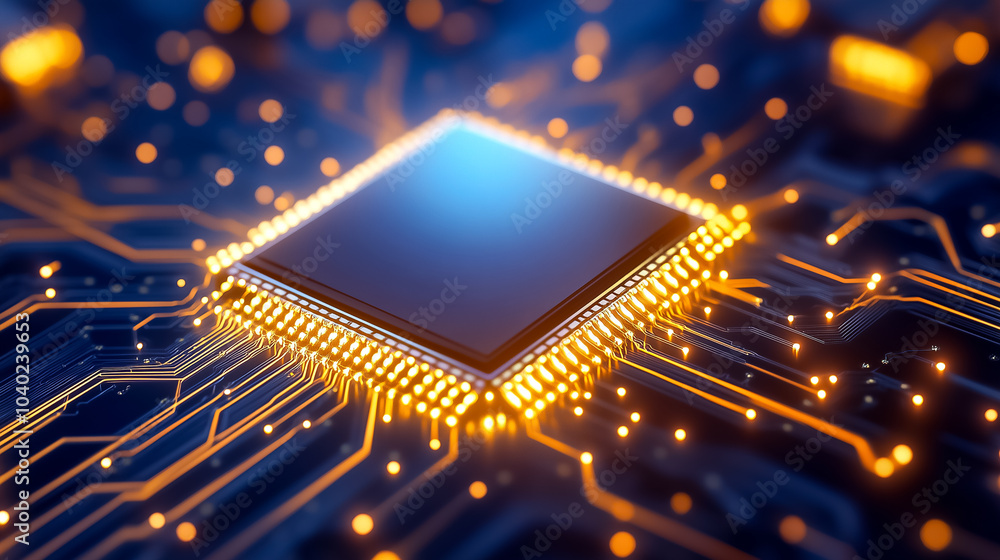 Poster a complex microchip is highlighted, revealing intricate details and glowing circuitry in a vibrant t
