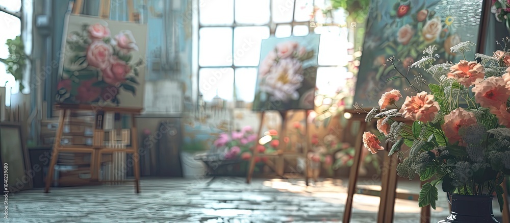 Poster art studio backdrop with easels and flowers in focus for use with copy space image