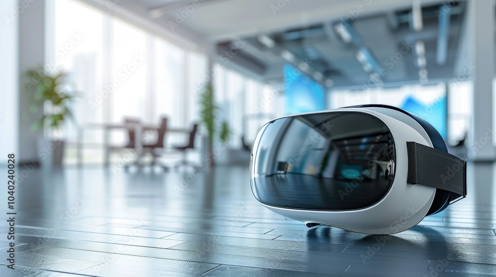 Poster modern office with virtual reality setup for training