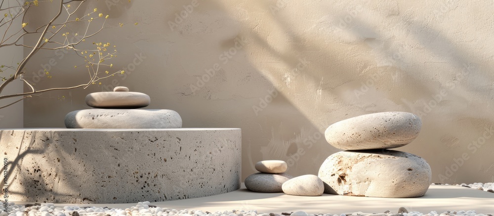 Poster natural stones featuring textured surfaces are arranged on the podium in the backdrop creating a coh