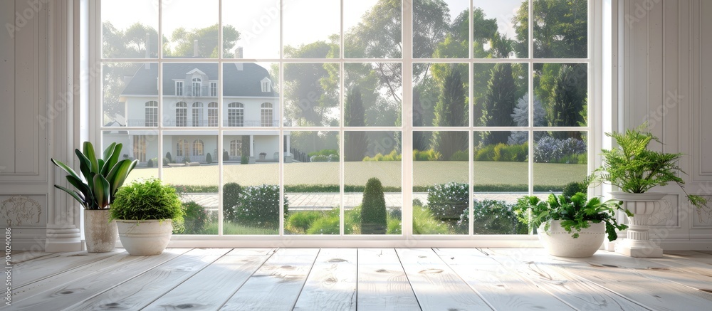 Poster a window featuring a beautiful white house in the background providing ample copy space in the image