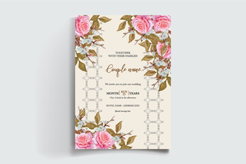 WEDDING INVITATION FRAME WITH FLOWER DECORATIONS AND FRESH LEAVES