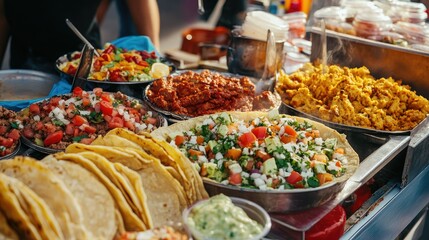Obraz premium Top view of gourmet food from a street festival, including tacos and falafel, with a clear area for copy