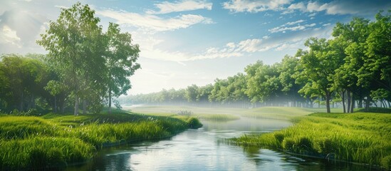 Obraz premium A serene summer day outdoors with a panoramic view of a lush forest green grass and a meandering river offering a beautiful landscape with plenty of copy space image