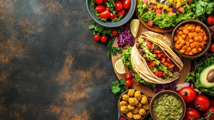 Top view of gourmet food from a street festival, including tacos and falafel, with a clear area for copy