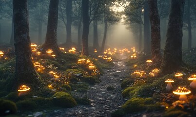 Fototapeta premium Enchanted Forest Path with Glowing Mushrooms