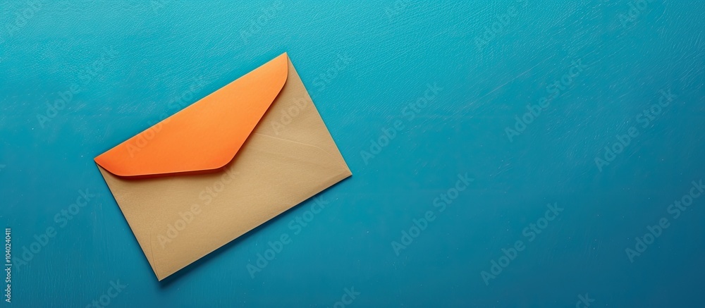 Poster top view of a beige envelope with an empty orange sheet on a blue surface presenting a mock up with 