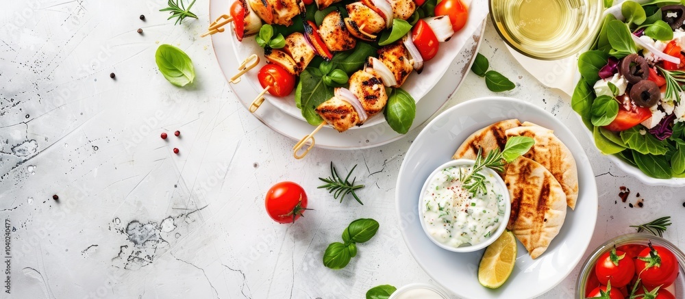Poster mediterranean style lunch featuring chicken skewers greek salad tzatziki and pita bread on a white t