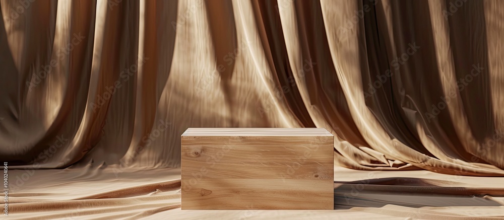 Poster minimal product display scene with a wooden cube platform podium set against a brown silk fabric bac