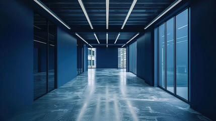Modern Office Hallway with Blue Walls and Glass Windows