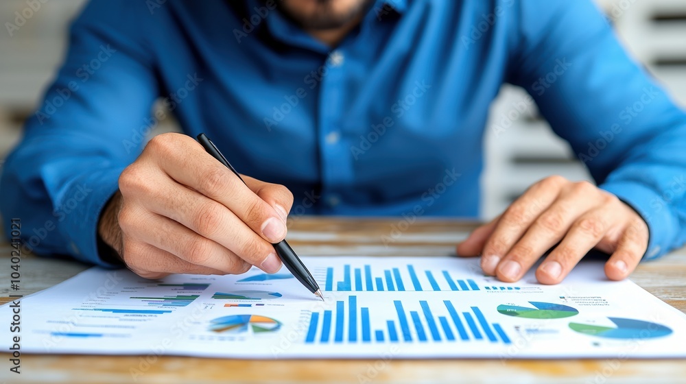 Poster a person analyzing financial graphs and charts on a table, focusing on data interpretation and decis