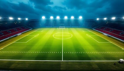 A football field with stadium lights shining on it