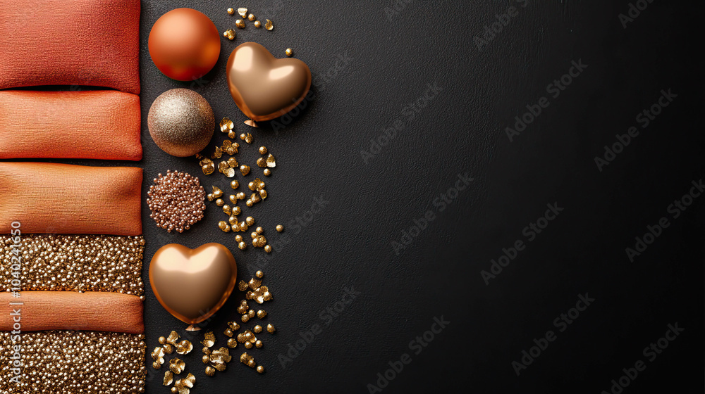 Poster A black background with a row of orange fabric and gold hearts. The hearts are placed in a way that they are overlapping each other, creating a sense of depth and dimension