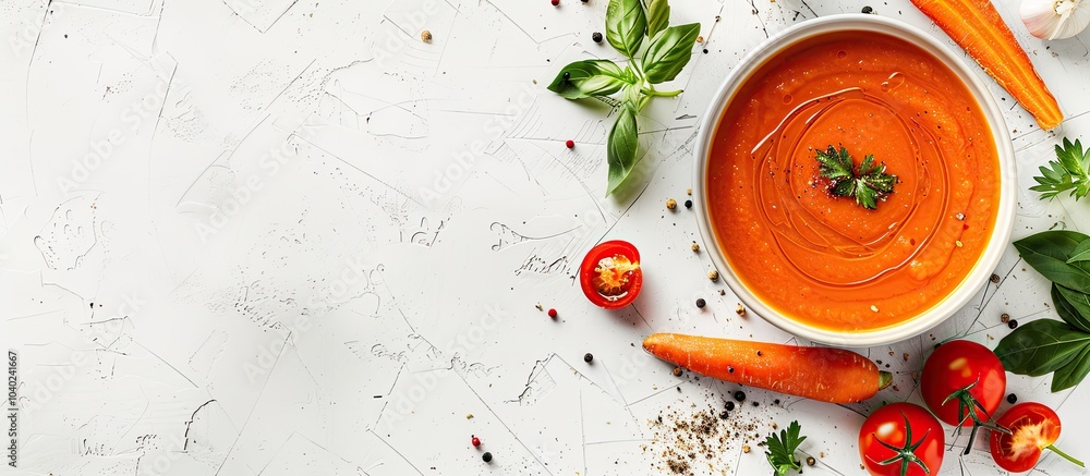 Poster carrot puree soup presentation with fresh ingredients like carrots and tomatoes on a white textured 