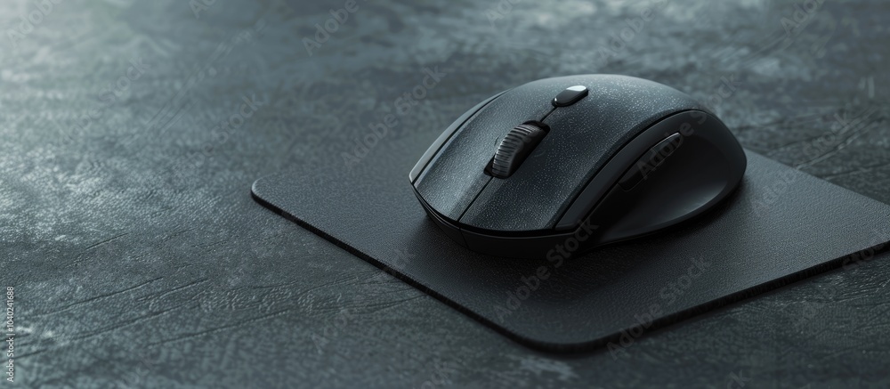 Poster closeup shot of a wireless mouse with a mousepad on a grey background allowing for text in the copy 