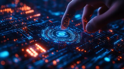 A holographic blockchain interface being accessed with a fingerprint, encrypted data streams and digital wallet confirmation glowing, dark cyber environment with deep blue ambient lighting,