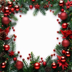 Festive Christmas border frame with red and green decorations, pine branches, and golden ornaments on a white background