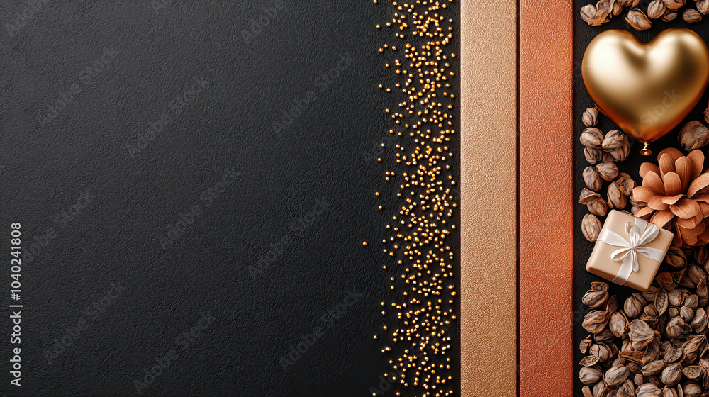 Poster A black background with a row of orange fabric and gold hearts. The hearts are placed in a way that they are overlapping each other, creating a sense of depth and dimension