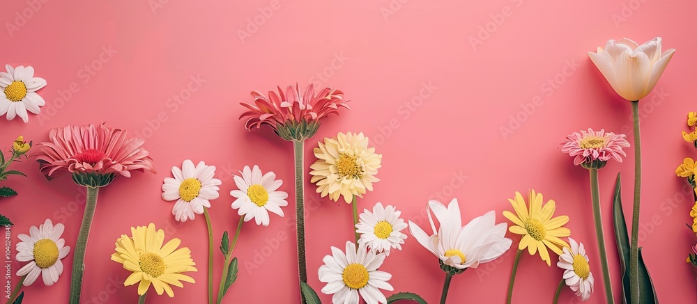 Poster easter card with spring flowers arranged in a flat lay style on a vibrant pink backdrop with ample s