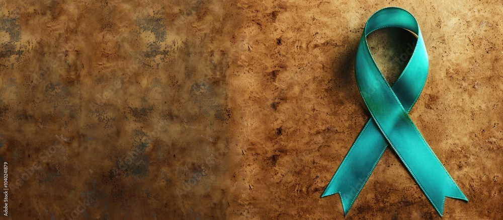 Poster Top view of a turquoise awareness ribbon against a brown background with a designated area for text in a copy space image