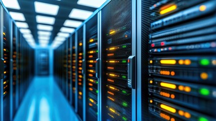 Data center corridor with server racks and illuminated network devices.