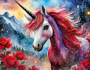 Wall murals a fantastical scene featuring a crimson-red unicorn with large, expressive eyes adorned with heavy black lashes and playful white highlights that give a glassy appearance-generated by ai