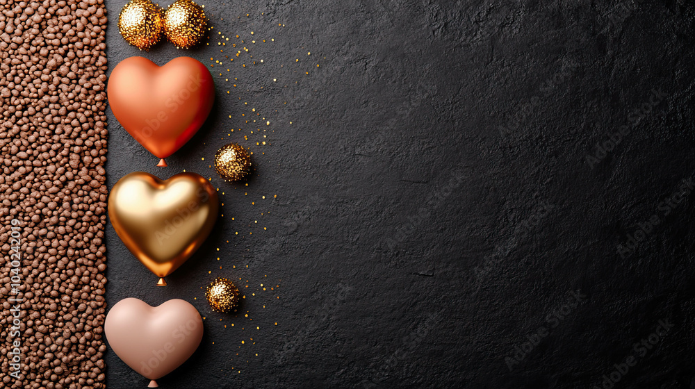 Poster a black background with a row of orange fabric and gold hearts. the hearts are placed in a way that 