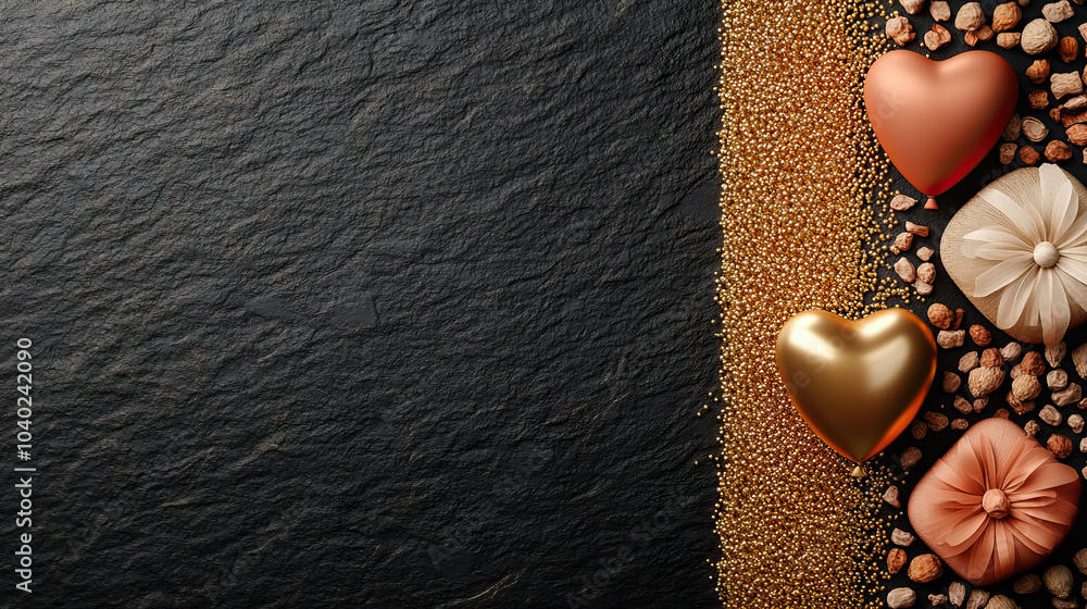Poster A black background with a row of orange fabric and gold hearts. The hearts are placed in a way that they are overlapping each other, creating a sense of depth and dimension
