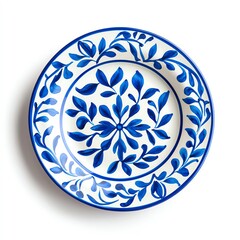 Decorative plate with blue floral design on white background.