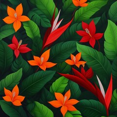 Fototapeta premium Vibrant tropical foliage with colorful flowers on a dark background.