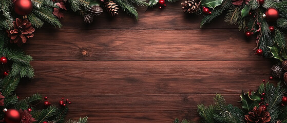 Rustic Christmas Background with Pine Branches and Ornaments on Wooden Table, Rustic Christmas Background with Pine Branches and Ornaments on