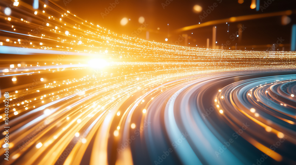 Poster vibrant light trails depict the swift movement of data in a modern technological setting at dusk
