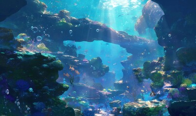 Fototapeta premium Underwater Coral Reef with Sunlight Rays