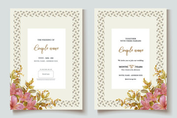 Fototapeta premium WEDDING INVITATION FRAME WITH FLOWER DECORATIONS AND FRESH LEAVES 