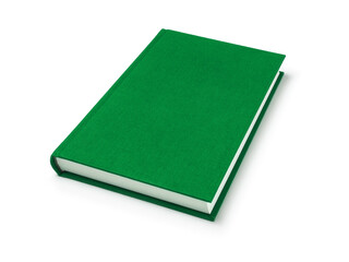 Green lying book isolated, perspective view. Cover made of natural linen fabric with uneven rough texture.