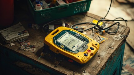 Diagnostic device on a cluttered work table in a workshop