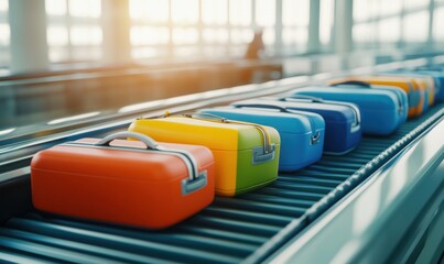 Colorful suitcases lined up on airport baggage carousel.