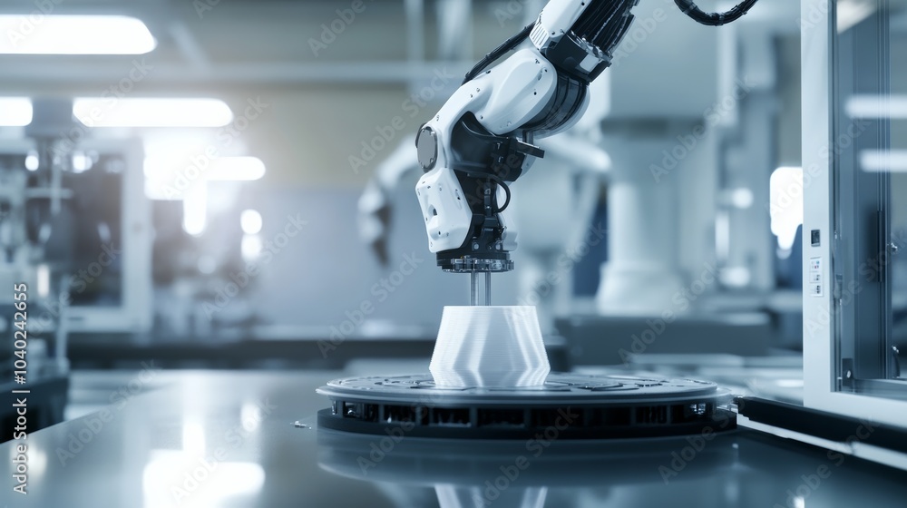 Poster A robot performing intricate 3D printing tasks in a high-tech additive manufacturing lab with multiple printers, clean and precise environment, Printing-tech style