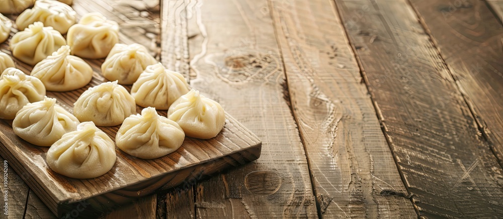 Poster wooden board with uncooked dumplings displayed on it with copy space image