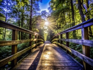 Obraz premium Serene Wooden Bridge in Forest Setting - Nature Photography for Tranquil Landscapes